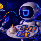 Playful robot artist creates images with Tencent visor, vibrant scenes, logos, and glowing colors