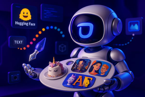 Playful robot artist creates images with Tencent visor, vibrant scenes, logos, and glowing colors