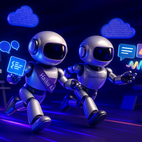 Futuristic robots race in a creative studio, representing Claude Haiku 4.5 and Qwen3-Omni