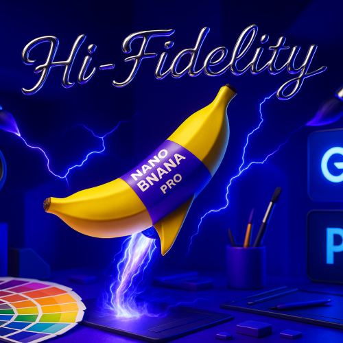 Nano Banana Pro rocket launching from a creative desk with Gemini and Photoshop, playful cinema 4D style