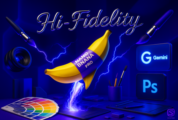 Nano Banana Pro rocket launching from a creative desk with Gemini and Photoshop, playful cinema 4D style