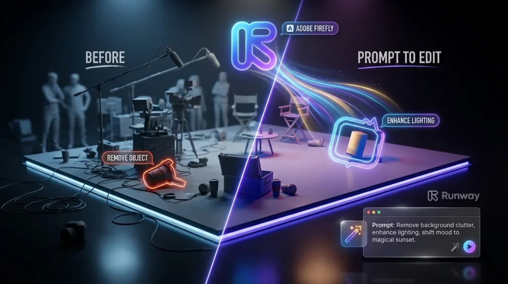 Split movie set showing cluttered scene transformed cleanly by Adobe Firefly and Runway logos with glowing overlays