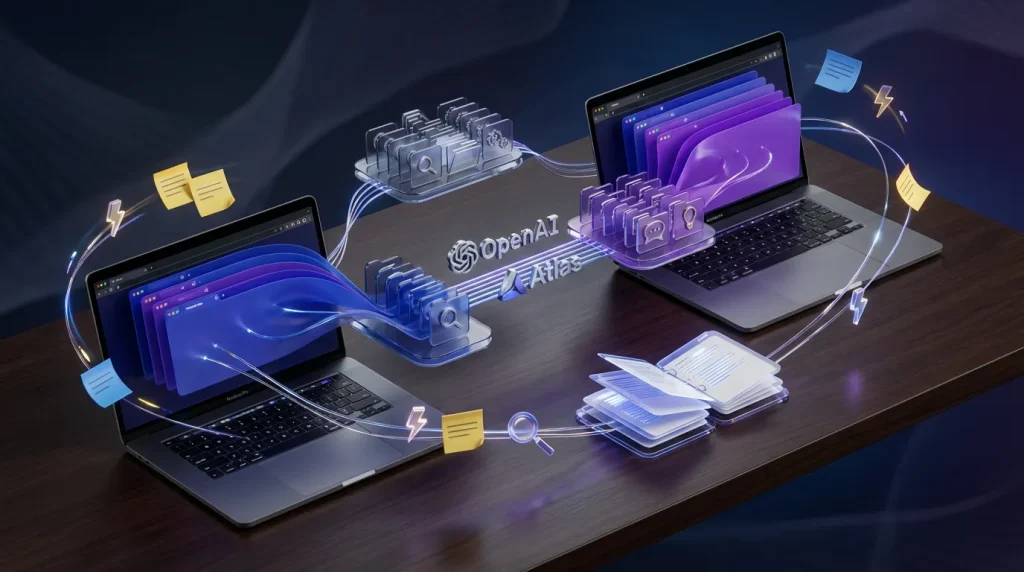 Creative research islands of browser tabs, OpenAI Atlas logo, colorful connections, and curated stacks