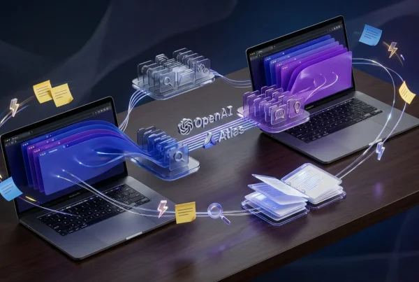 Creative research islands of browser tabs, OpenAI Atlas logo, colorful connections, and curated stacks