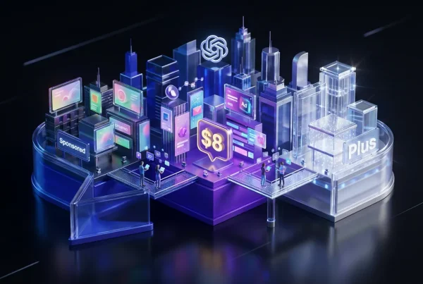 Cityscape as ChatGPT bubble showing Free, Go, and Plus zones with ads and OpenAI logo