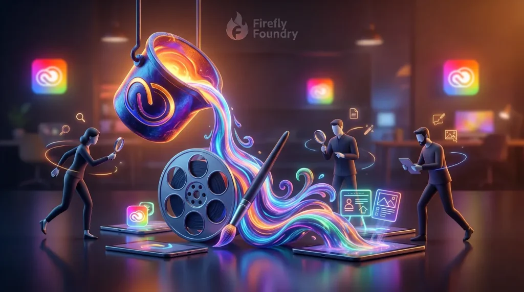 Adobe Firefly Foundry logo pours creative energy onto digital screens, brand assets, and review boards
