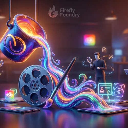 Adobe Firefly Foundry logo pours creative energy onto digital screens, brand assets, and review boards