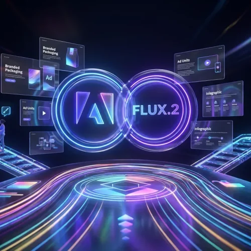Adobe Firefly and FLUX.2 logos above futuristic boardroom with floating branded designs and legible text