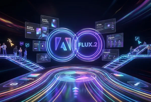 Adobe Firefly and FLUX.2 logos above futuristic boardroom with floating branded designs and legible text