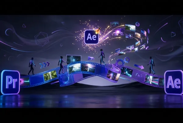 Surreal editing timeline connects Premiere, After Effects, and Firefly with dynamic AI-powered creative elements