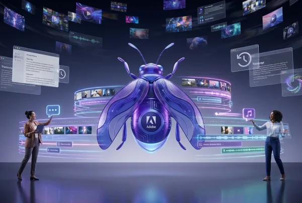 Giant Adobe Firefly creates glowing timelines, transcript bubbles, and swirling media in a colorful futuristic space