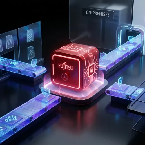 Futuristic Fujitsu Kozuchi vault with digital security, factory floor, and private AI agents