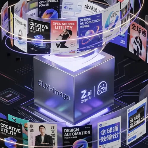 Colorful posters with real typography swirling from a GLM-Image box, showing Zhipu AI and Hugging Face