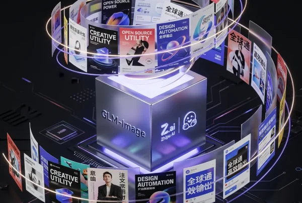 Colorful posters with real typography swirling from a GLM-Image box, showing Zhipu AI and Hugging Face