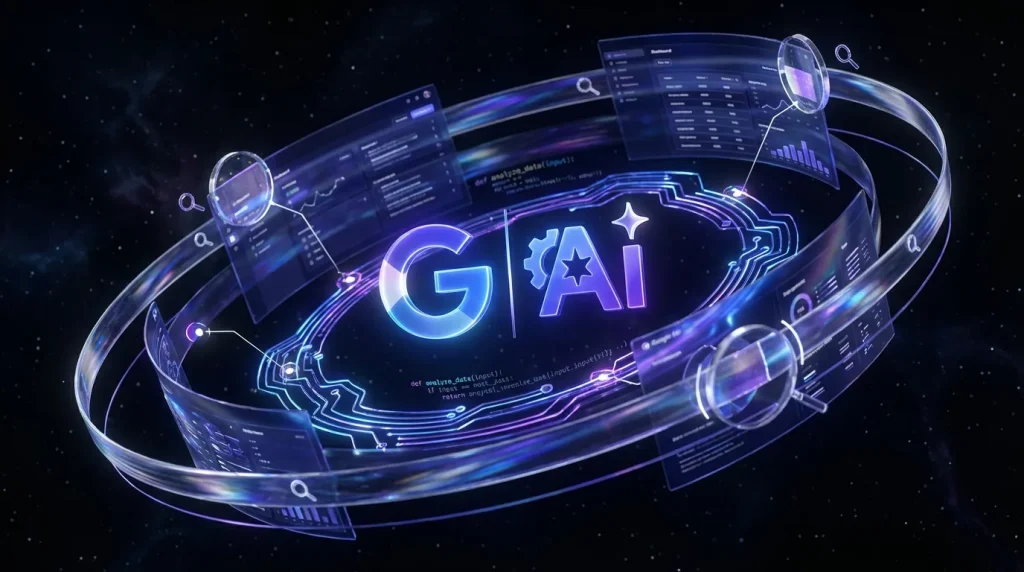 Dense dashboards, tables, UI screens, and diagrams orbit Gemini 3 Flash and Google AI Studio logos