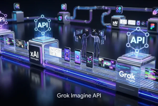 Futuristic xAI Grok Imagine API video factory with conveyor belts, creative teams, and dynamic screens