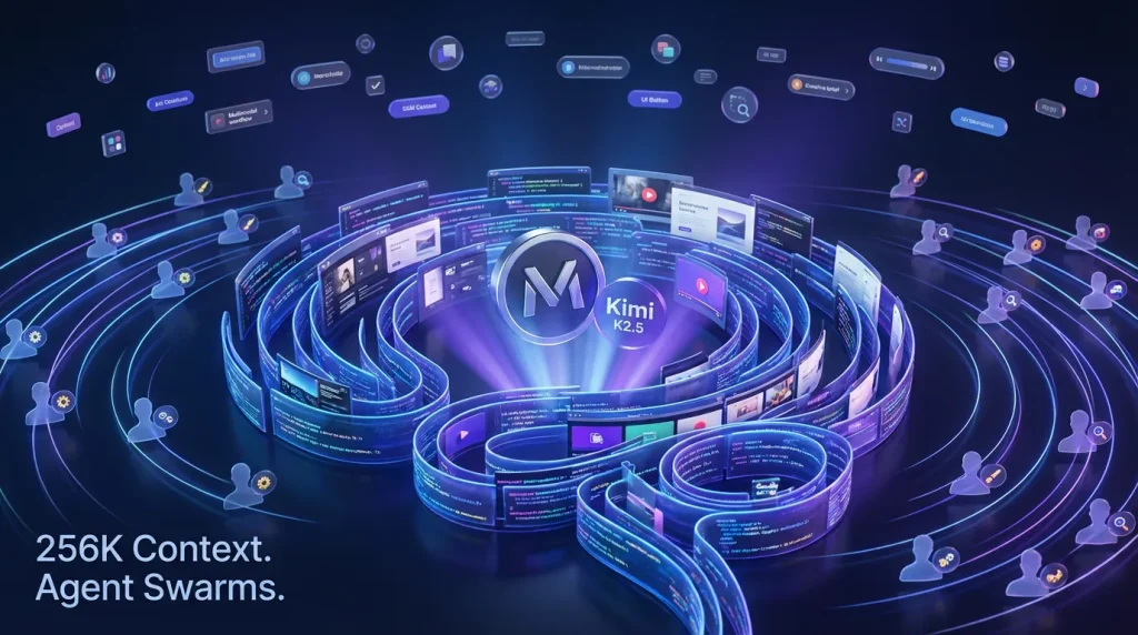 Swirling brain landscape of creative assets and agents orbiting Moonshot AI and Kimi K2.5 logos