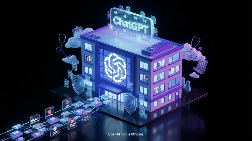 OpenAI logo hospital glowing with data, HIPAA icons, and health brand logos swirling around vibrant scene