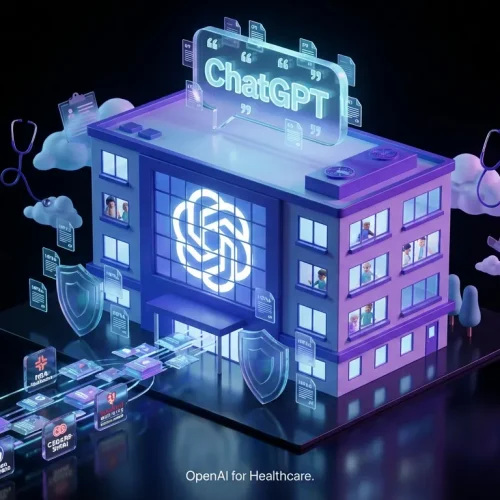 OpenAI logo hospital glowing with data, HIPAA icons, and health brand logos swirling around vibrant scene