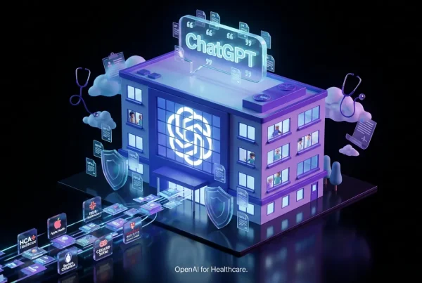 OpenAI logo hospital glowing with data, HIPAA icons, and health brand logos swirling around vibrant scene