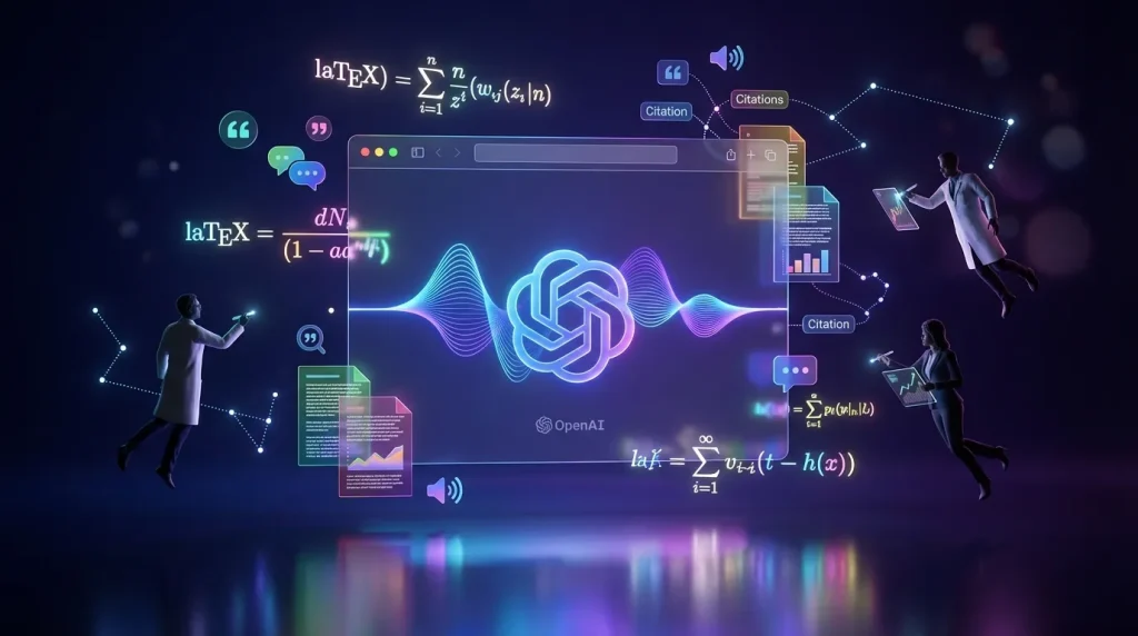 Surreal landscape with floating equations, OpenAI Prism browser, and diverse creators collaborating in midair