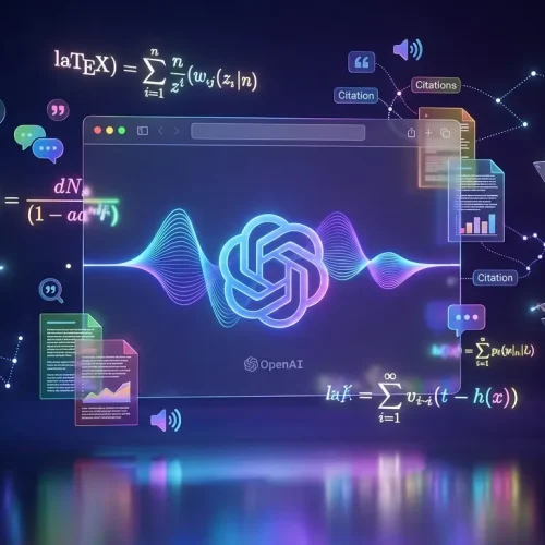 Surreal landscape with floating equations, OpenAI Prism browser, and diverse creators collaborating in midair