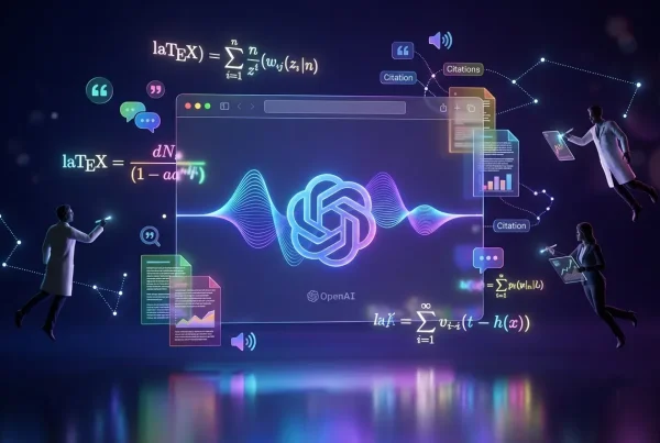 Surreal landscape with floating equations, OpenAI Prism browser, and diverse creators collaborating in midair