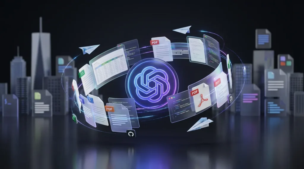 Colorful OpenAI logo surrounded by flying spreadsheets, slides, code, and documents fueling intelligent workflows