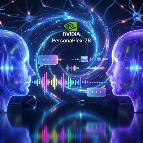 Two animated faces exchange vivid, overlapping audio waves and speech bubbles with NVIDIA and PersonaPlex-7B logos