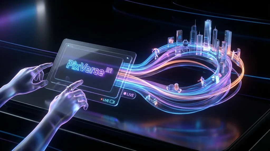 Futuristic creator shapes live digital world using PixVerse R1 interactive hologram and dynamic environments