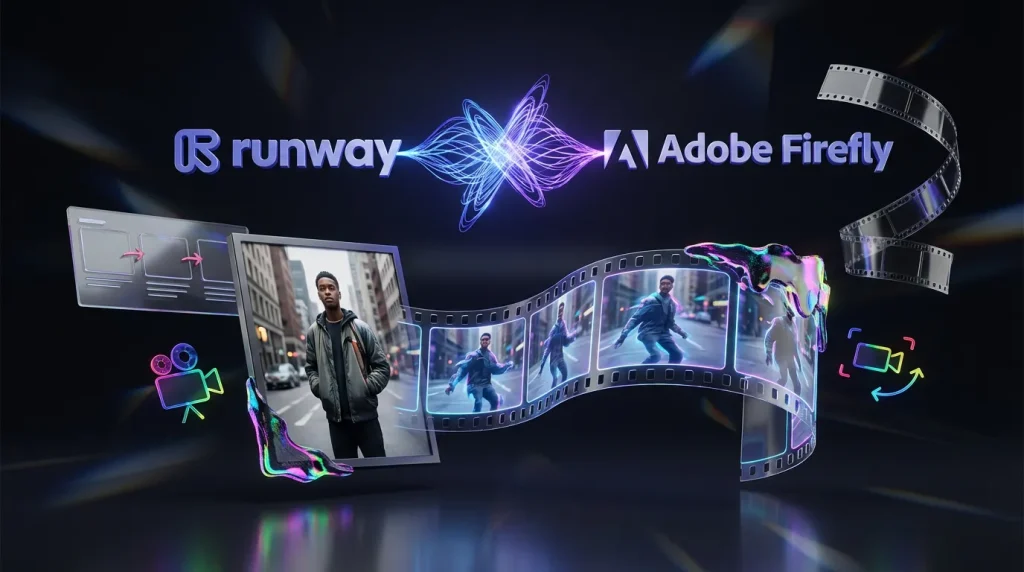 Photo morphs into stable video frames with Runway and Firefly logos and creative motion cues