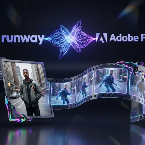 Photo morphs into stable video frames with Runway and Firefly logos and creative motion cues