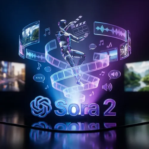 Cinematic scene with Sora 2 logo, sound waves, filmstrips, and unified video audio elements blending creatively