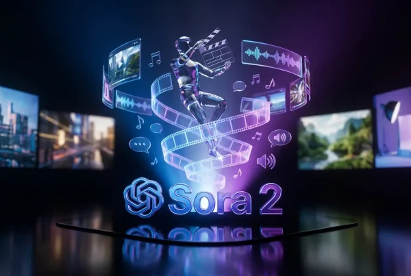 Cinematic scene with Sora 2 logo, sound waves, filmstrips, and unified video audio elements blending creatively