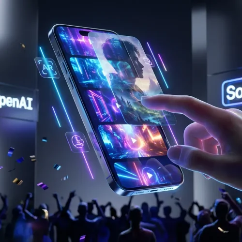 Vibrant smartphone feed with Sora 2 and OpenAI logos, remixing videos, crowds, and creative festival energy