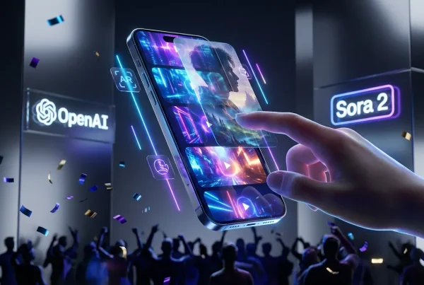 Vibrant smartphone feed with Sora 2 and OpenAI logos, remixing videos, crowds, and creative festival energy