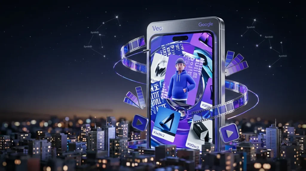 Giant vertical smartphone in vibrant cityscape with Veo, Google logos and creative visual elements