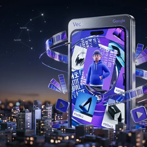 Giant vertical smartphone in vibrant cityscape with Veo, Google logos and creative visual elements
