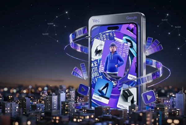 Giant vertical smartphone in vibrant cityscape with Veo, Google logos and creative visual elements