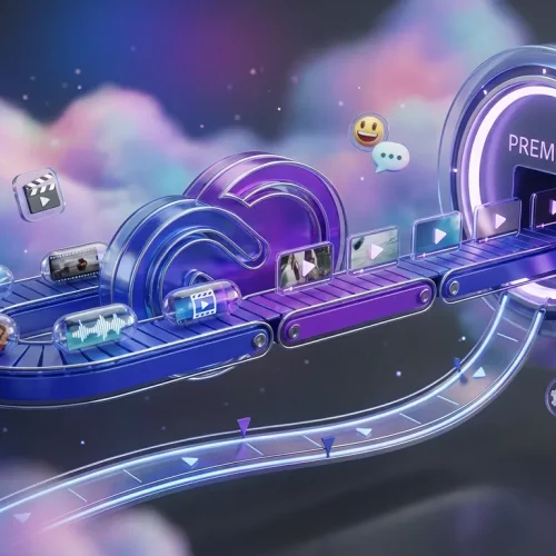 Vibrant cloud world with Adobe Firefly and Premiere logos, creative conveyor transforming clips into video drafts