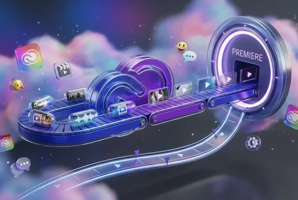 Vibrant cloud world with Adobe Firefly and Premiere logos, creative conveyor transforming clips into video drafts