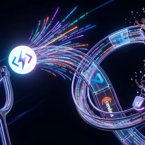 Creators riding a code rollercoaster powered by OpenAI Codex Spark, surrounded by neon speed effects