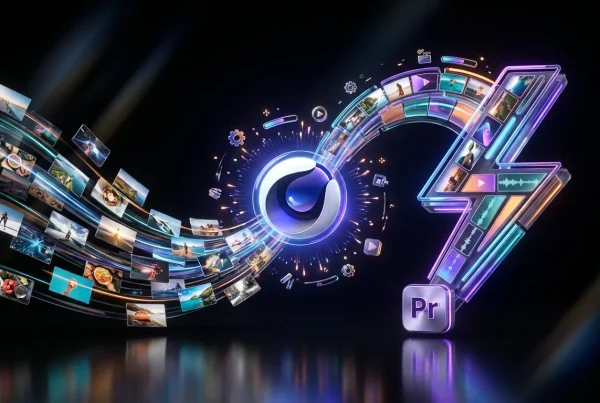 Chaotic video clips swirling into Adobe Firefly logo, transforming into organized timeline toward Premiere logo