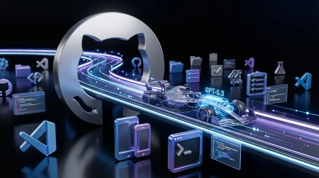 GitHub Copilot avatar races on a code-filled track powered by GPT-5.3, icons cheering