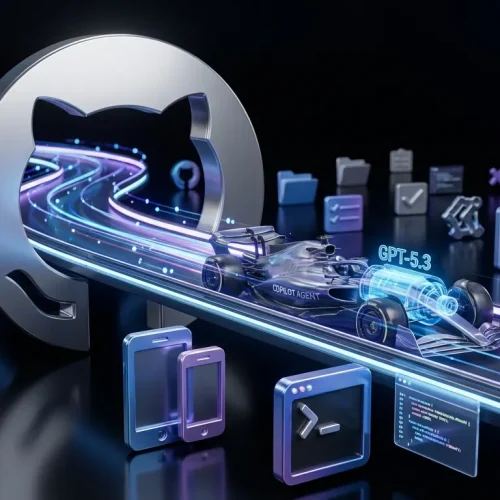 GitHub Copilot avatar races on a code-filled track powered by GPT-5.3, icons cheering