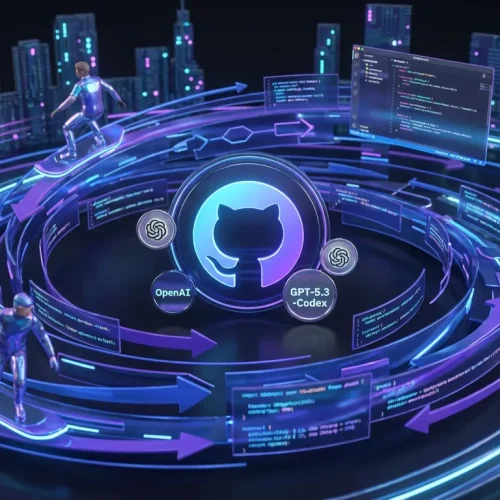 Dynamic coding vortex with GitHub Copilot, OpenAI, GPT-5.3-Codex logos and energized developers surfing streams