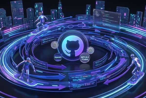 Dynamic coding vortex with GitHub Copilot, OpenAI, GPT-5.3-Codex logos and energized developers surfing streams