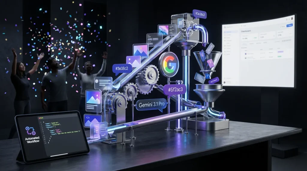 A creative Rube Goldberg machine automates content workflows with Google Gemini 3.1 Pro logos prominent