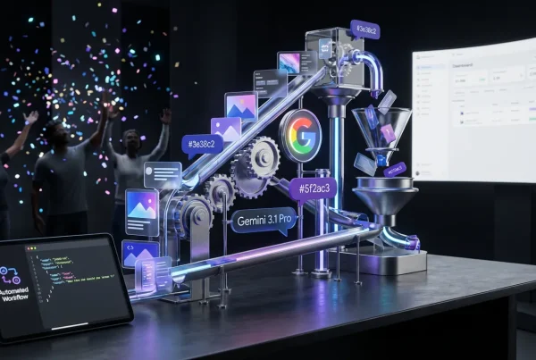 A creative Rube Goldberg machine automates content workflows with Google Gemini 3.1 Pro logos prominent