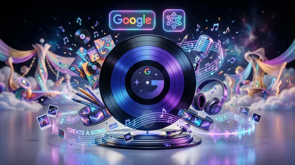 Gemini app vinyl spins colorful music notes, album art, and tools in a creative festival setting